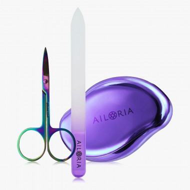 DOUCETTE SET Hornhautentferner mit Glasnagelfeile und Nagelschere – 3 Farben zur Wahl