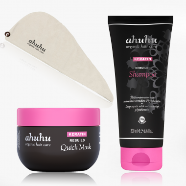 KERATIN Rebuild Set: Quick Mask – 200 ml + Shampoo – 200 ml + Towel 